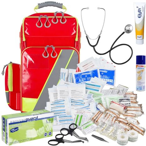 SÖHNGEN Lifebag Notfallrucksack L, rot/silber/gelb, DIN 14142 mit Zusatzmaterial, Art.-Nr. 611049 | Notfallrucksack | Sanitätsrucksack | Erste Hilfe Rucksack