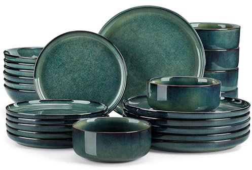Geschirrset 6 Personen modern, vancasso STARRY 24 teiliges Steingut Geschirr Set, Kombiservice Set Grün, Tafelservice 6 Personen, Inklusive Speiseteller, Dessertteller, Suppenteller und Müslischalen