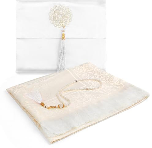 TaleMoon Muslimischer Gebetsteppich Cremefarben mit Gebetsperlen Stoff-Tasche,Prayer Mat für Frauen,Ramadan,Bayram Geschenke,Islamische Gebetsmatte,Seccade Namaz,Sajadah,Janamaz,Gebet Teppich Matte