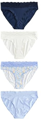 NEXT Damen Hüfthohe Baumwollslips mit Spitzenbesatz, 4er-Pack Blau Ditsy 42