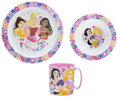 Princess Cartoon Character Dinner Tableware Set 3pcs Plate, Bowl & Mug, BPA Free re-usable Plastic Microwave Safe (Princess)