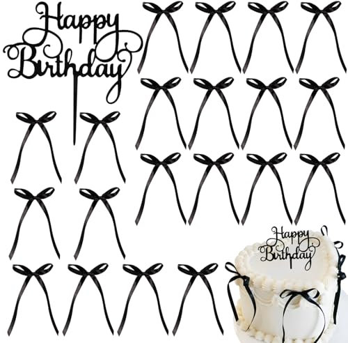 BOOMTOP Decoración Tarta Cumpleaños, 1pz Topper Cake Happy Birthday con 20pcs Lazo de Tarta, Adorno Acrílico para Pastel Cupcake Vela Taza Cumpleaños Fiesta, 10cm/ 17 * 9cm