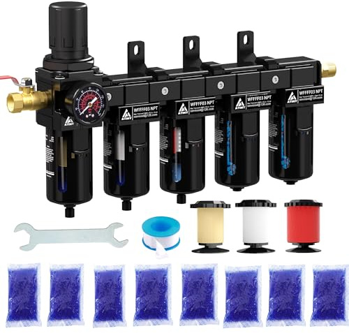 ATINY Secador de aire NPT de 5 etapas para compresor, cartucho de filtro de 5 y 0,5 y 0,01 micras, sistema de secado de aire, secadores desecantes dobles y regulador de aire, cuenco de metal, drenaje