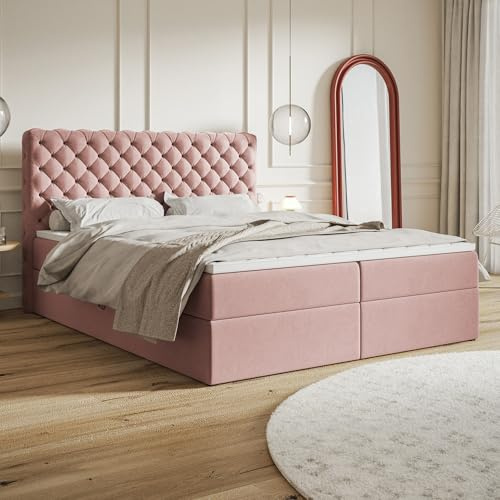 MOTIVENA Nero Chesterfield Boxspringbett 180x200 mit Bettkasten und Topper, Polsterbett 180x200 mit Bettkasten, Taschenfederkern-Matratze (H3), T28 Schaumstoff Topper (H3), Samt, Rosa (Pink)