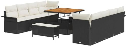 vidaXL Garten-Sofa-Set mit Kissen mit Kissen 11 pcs Schwarz und Creme, Verstellbare Füße, Outdoor Sofa, Gartenmöbel, Modulares Sitz, Lounge, Rattan Arrangement, Terrasse