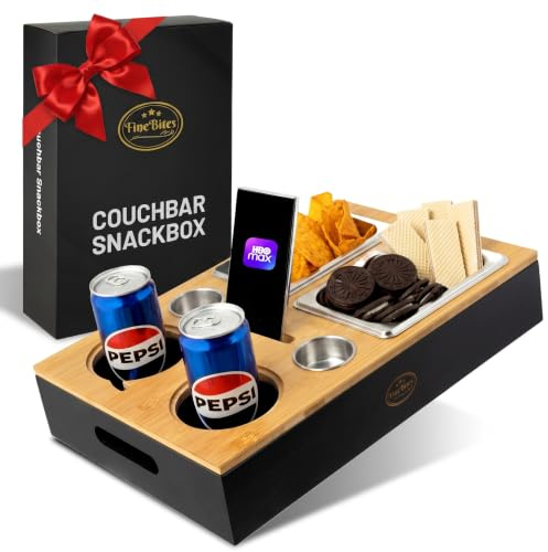 Couchbar Snackbox für 2, Bambus Snackbar & Couch Butler mit 4 Snackschalen | Sofatablett mit Getränkehalter & magnetischem Deckel, Couch bar Organizer Tablett, Geschenke für Männer & Frauen