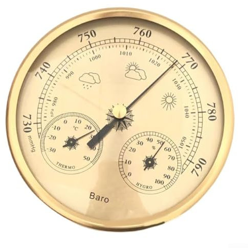 Feeshoppher 3-in-1 Metal Weather Station Barometer Thermometer Hygrometer Indoor Outdoor Temperature Humidity Pressure Meter 130Mm Gold