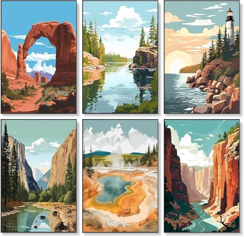 BEAYIOU 6 Pack Paint by Numbers Kit for Adults Beginner, National Park Adult Paint by Number Kits on Canvas Without Frame, National Park Landscape Oil Painting by Numbers for Home Decor 7.8x11.8inch