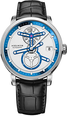 agelocer Mechanische 42 mm Automatikuhr für Herren, Kalender, leuchtend, Saphirglas, Lederarmband, Kleid & luxuriöses Geschenk für Männer