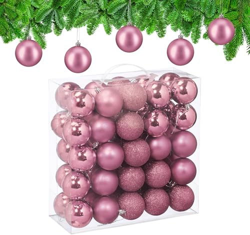 Relaxdays Christmas Baubles, Set of 50, Tree Ornaments, Holiday Decorations, Plastic, Shatterproof, 6 cm, Pink