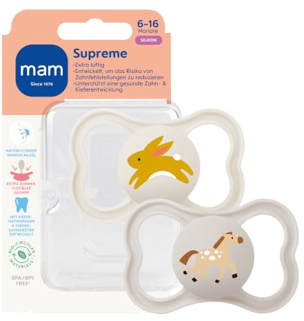 MAM Supreme Schnuller | 6-16 Monate | 94% Akzeptanz | Babyschnuller beugt Zahnfehlstellungen vor | besonders Hautfreundlich | SkinSoft Silikon | Hase/Pferd | 2 Stück