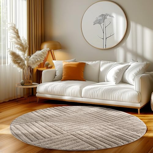 HomebyHome Wohnzimmer Teppich Rund 200 cm Beige Hochflor Skandi Boho Karo Design Hoch-Tief Effekt Weicher Shaggy Langflor Flauschig Robust Pflegeleicht Modern für Schlafzimmer