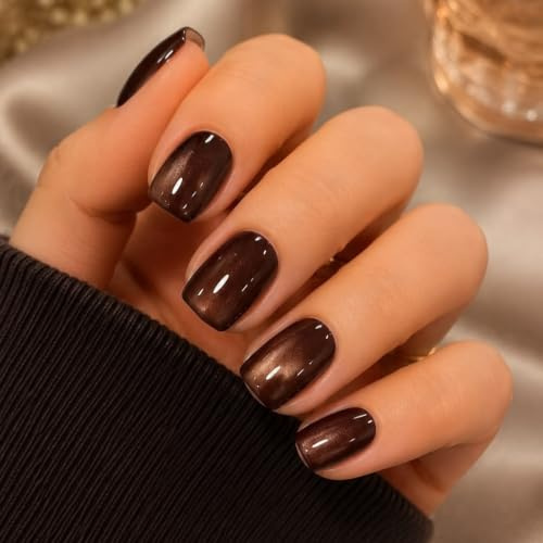 KQueenest Cat Eye Press On Nails Short - Chrome False Nails Short Square, Opaque Brown Fake Nails with a Glitter Finish, Pastel Sparkly Bling Soft Gel Glue on Nails for Women Small Sizes 30 Pcs