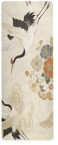 Yogamatte mit japanischem Wolkenblumenkranich, Beige, 1 mm für Fitnessstudio, bedruckt, rutschfest, matt, Handtuch mit Taschen, 180,3 x 66 cm