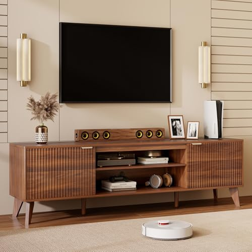 LYNCOHOME TV Unit with Storage, 178cm Fluted TV Stand Cabinet, Walnut