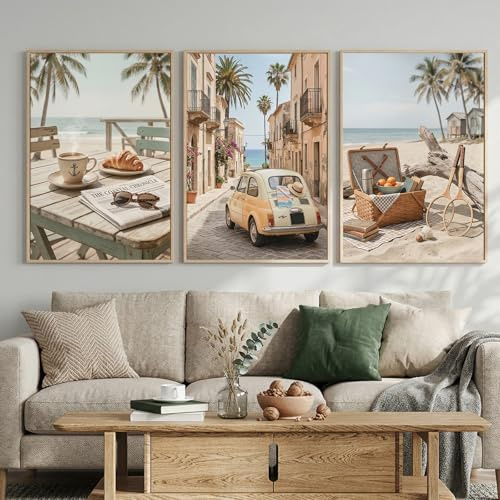 TROYSINC 3er Italienische Mittelmeer Strand Poster Set, Retro Auto & Picknick Bilder, Ohne Rahmen Aesthetic Strandurlaub Wanddeko für Wohnzimmer & Küche (40x50cm)