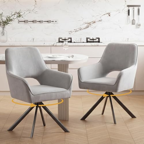 Ckaff 2er Set Esszimmerstühle Drehbar mit Armlehne, 360°Drehbar Polsterstuhl Küchenstuhl aus Samt, Stühle Esszimmer mit Metallbeine und Rückenlehne für Küche Esszimmer Schlafzimmer, Hellgrau