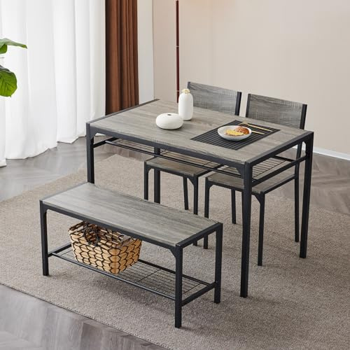 Bonnlo 4 Piece Dining Table Set for 4, Kitchen Table with 2 Chairs and a Bench, Space Saving Small Dining Set with Storage Shelf, for Home Apartment Bistro, Gray