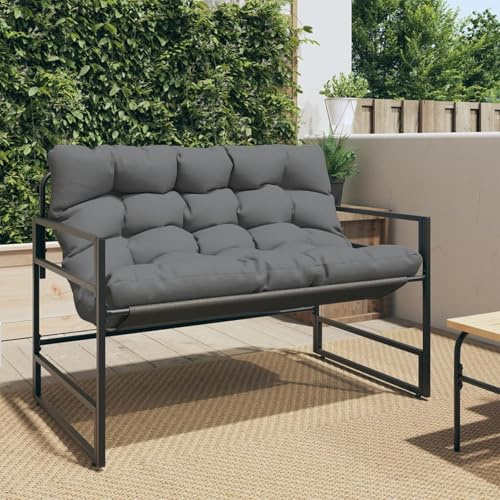Homgoday Gartenbank mit Kissen, Textilene Sitzbank, pulverbeschichteter Stahl, schwarz, anthrazit, 113x67x76 cm, Sitzhöhe 39 cm, Armlehnenhöhe 60 cm, Outdoor Bank für Garten, Terrasse, Balkon, bis 110