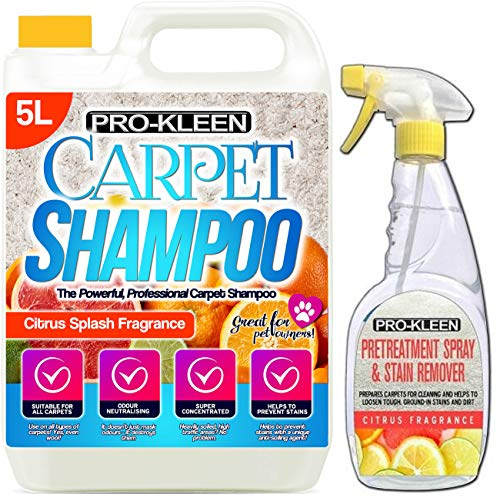 Pro Kleen 5 Litres Professional Extraction Citrus Concentrate Carpet Shampoo With 750ml Citrus Stain Remover & Pre Treatment Spray