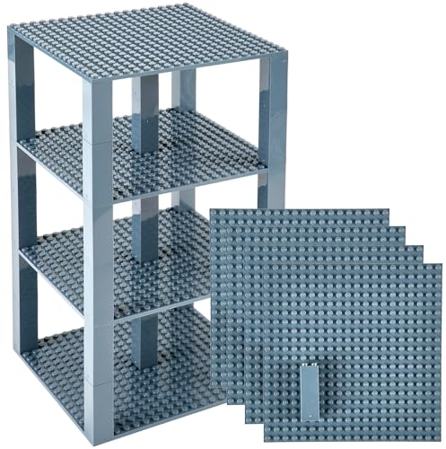 Stapelbare Premium-Bauplatten - inkl. neuen verbesserten 2x2-Bausteinen - kompatibel mit allen großen Marken - geeignet für Turm-Konstruktionen - Set aus 4 Platten - je 15,2 x 15,2 cm - Dunkelgrau