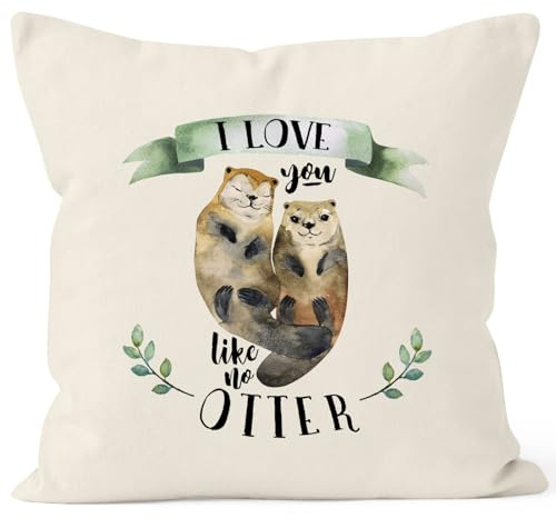 MoonWorks Kissenbezug Otter Pärchen I Love You Like no Otter Geschenk Liebe Freundin Freundin 40x40 Baumwolle Natur-Gruen 40cm x 40cm
