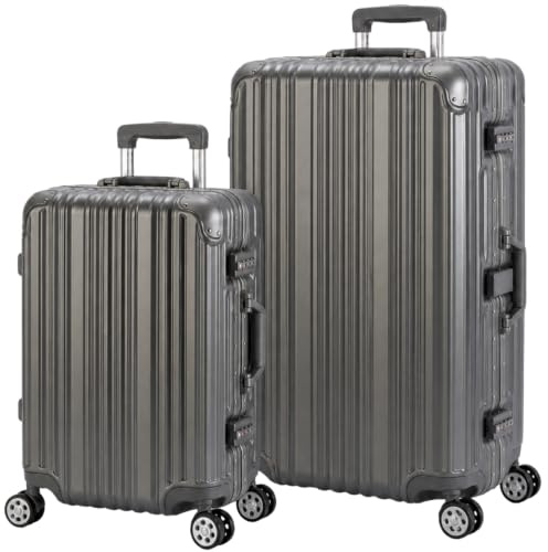 Travelhouse® London Aluminium-Rahmen Koffer-Set Grau | Polycarbonat-Hartschale, Ohne Reißverschluss, TSA-Schloss, 4x 360° Doppel-Rollen, S+L