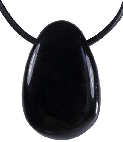 Lebensquelle Plus Schwarzer Obsidian Tropfenanhänger | Gebohrter Trommelstein Anhänger mit Baumwollband | Hochwertiger Edelsteinanhänger
