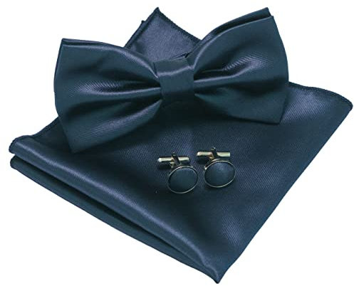 JEMYGINS Fliege Herren Marine 3 Satin Zweifach Gefaltet und Einstecktuch mit Manschettenknöpfe Sets(5)