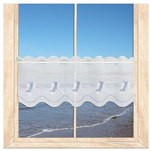 atelier alles-Spitze Scheibengardine Am Meer Blau-Weiß HxB 30x80 cm | Maritim bestickte Kurzgardine mit Strandkorb-Motiv | Ideal als Badgardine | atelier alles-Spitze