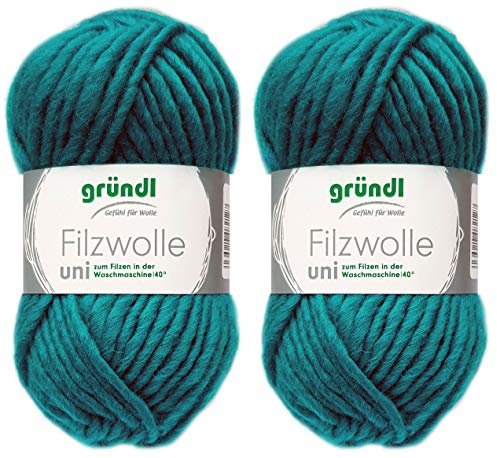 2x50 Gramm Gründl Filzwolle inkl. Anleitung für Topflappen (Uni Farben, 62 Petrol)