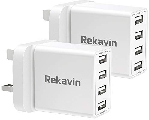 USB Plug Charger,2 Pack 4 Port Multi USB Plug Adapter UK 25W/5A Wall Charger Mains with Smart IC Fast Charging for iPhone 11 pro Max XS XR X SE2020 10 8 7 6 ipad,Samsung S10 S9 S8 S7,Huawei