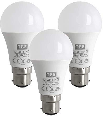 TBE LIGHTING BC3 3 PIN LED Bulbs - 3 Pack - 12w Non-DIMMABLE Energy Saving LED A60 Bulb - Cool White 4000K, 1100 Lumen Output, 20,000Hrs Life Expectancy