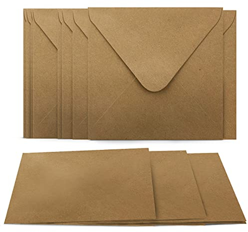150 Umschläge + Klappkarten Quadratisch - Kartenset aus Kraftpapier Selbstgestalten - Blanko Faltkarten 220 g/m² 13,5 x 13,5 cm - Natur Briefumschläge 90 g/m² 14 x 14 cm