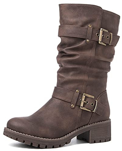 GLOBALWIN Women's Mid Calf Dress Boots Biker Motorcycle Riding Boots Women For Women Brown Size 8.5M
