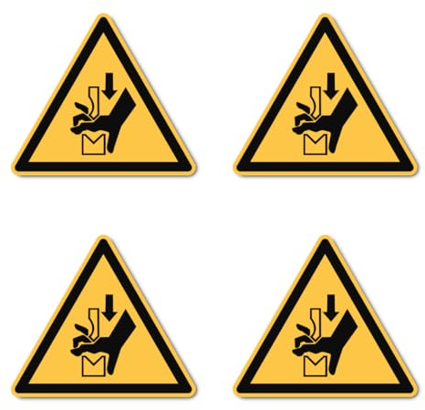 Warnung vor Quetschgefahr der Hand zwischen Werkzeugen einer Presse: W030 - DIN EN ISO 7010 / ASR A1.3 - Aufkleber: 10 cm, 4 Stück