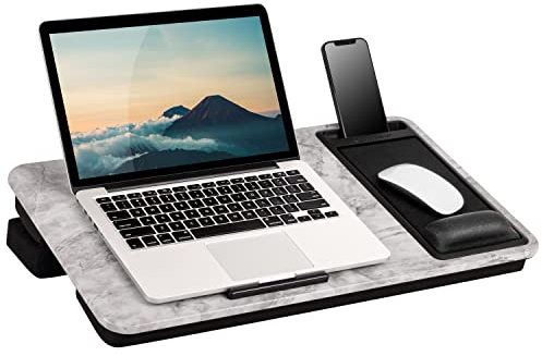 LAPGEAR Extra Large Adjustable Lap Desk with Gel Wrist Rest, Mouse Pad, Phone Holder, Device Ledge, and Booster Cushion - White Marble - Fits up to 17.3 Inch Laptops - Style No. 88101