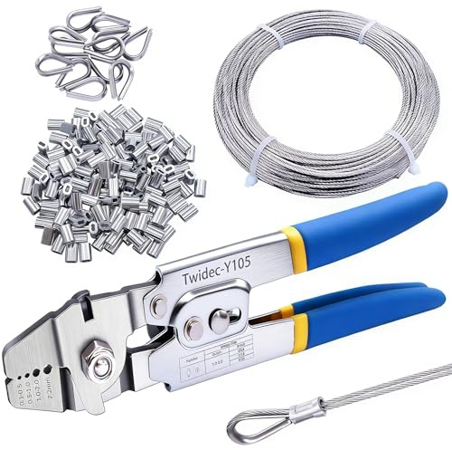 Twidec/Wire Rope Crimping Tool Up To 2.2mm Swaging Tool With 160PCS 1/16''Aluminum Crimping Loop Sleeve And 66FT 1/16'' 304 stainless steel Wire Rope 12PCS Wire Rope Thimbles Kit