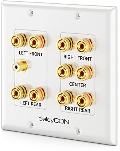 deleyCON Toma de Conexión Toma de Pared para Altavoz Placa de Pared con Enchufes Tipo Banana para Sistema Surround Sound 5.1 y Subwoofer para Cine en Casa