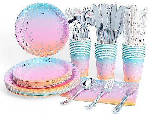 fanquare Arcoíris Vajilla de fiesta Set 192 Uds Platos de Papel, Vasos, Servilletas, Cubiertos, Pajitas Suministros para Fiestas de Cumpleaños, Decoraciones para 24 Invitados
