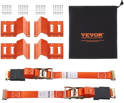 VEVOR Kit de Sangles d'Arrimage et Cale-Roue 4PCs, Sangles de Pneu à Cliquet 5,08x244 cm, Charge de Travail de 1000 kg, pour Roues de 25,4 à 58,4 cm pour Sécuriser Remorque Transport VTT Moto Camion