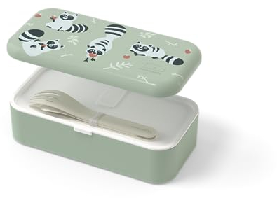 monbento - Lunch Box Enfant MB Foodie Raccoon - Raton Laveur - Avec Couverts Enfant MB Pocket Beige - Idéal Ecole/Parc - Sans BPA - Durable et Sûr