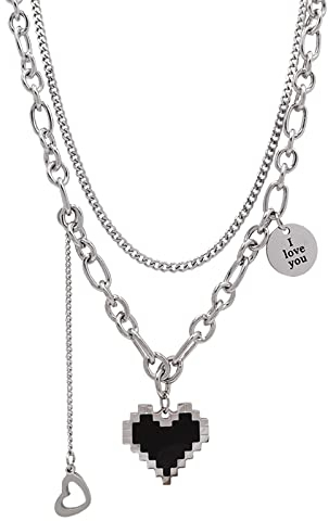 Xbemkste Kette Damen Frauen Silber Herz Halsketten Herz Halsketten Für Mädchen Herz Und Kette Halskette Edgy Schmuck Geschenke für Frauen (Black, One Size)