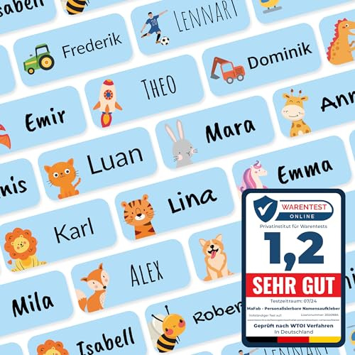 Namensaufkleber für Kinder (108 Stk. 30x13 mm) - Wasserfeste Namensschilder für Kleidung, Textilien und Gegenstände - Optimal für Kita, Kindergarten und Schule - Schöne Motive personalisierbar