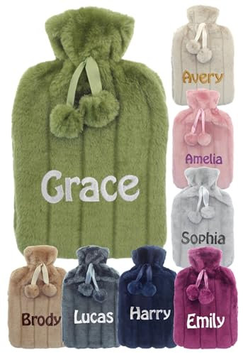 Personalised Hot Water Bottle with Soft Faux Fur Cover + Pom Poms Gift for Cozy Nights Pain Relief for Back Neck and Shoulders Great Gift 2 Liter (Olive Green)