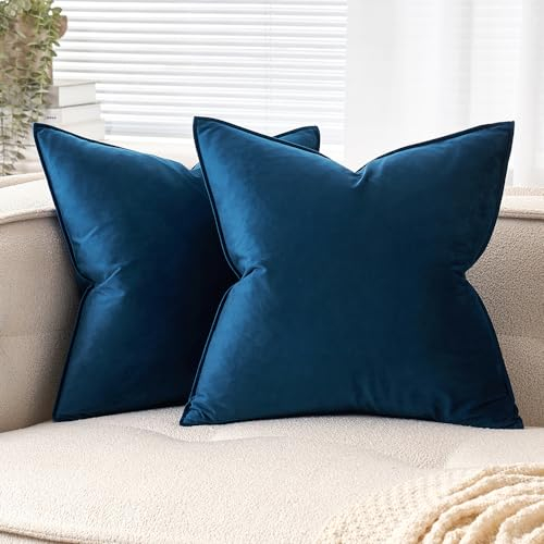 EMEMA Samt Kissenbezug Kissenhülle 45x45 cm Dekorative Sofakissen Dekokissen Umwickelte Kante 2er Set Kissenbezüge Zierkissenbezug für Sofa Wohnzimmer Schlafzimmer Dunkelblau