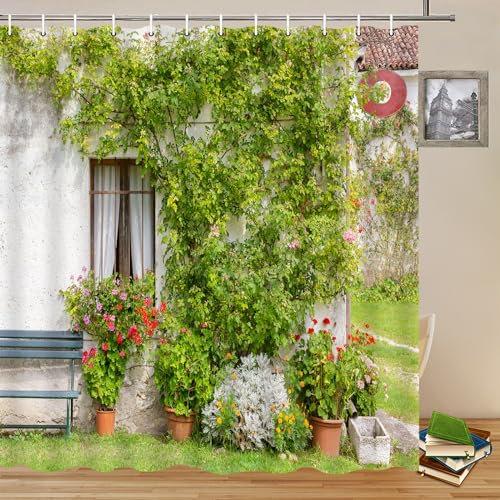 Yadshoti Italian Garden Shower Curtains European Building House Window Courtyard Nature Landscape Flower Vine Green Leaves Plant Grassland Pattern Bathroom Decor Polyester Curtain Set 70 x 70 Inch
