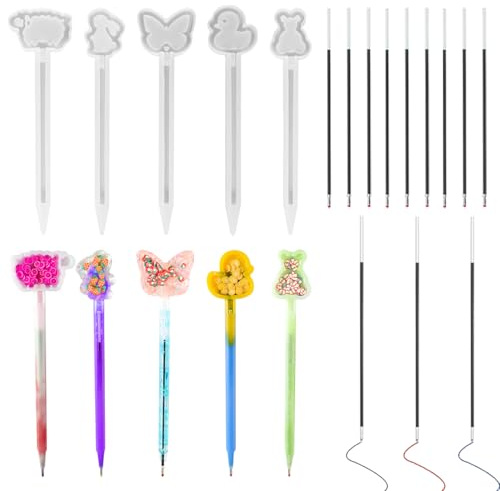 Zayookey 5 Stück Kugelschreiber Epoxidharz Formen Treibsand Stifte Silikonformen mit 10 Nachfüllungen Shaker Pen Resin Mold Tier Kugelschreiber Harz Gießform DIY Handwerk