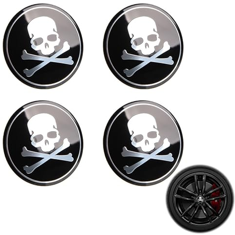 LONGHAO 4 Pcs SchäDel Alufelgen Nabenkappen,SchäDel Radnabendeckel Felgendeckel,Aufkleber FüR Nabendeckel,Universal Schwarz SchäDel Nabenkappen,Compatible with 56mm Radnabenkappen