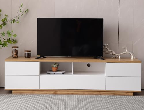 JOROBURO Meuble TV moderne blanc de 70 pouces avec panneau en bois, meuble TV élégant et fonctionnel pour le salon